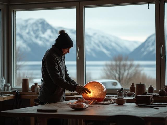 En kunstner arbeider i et glassblåsingsstudio, med Arktisk lys som strømmer inn gjennom et stort vindu.